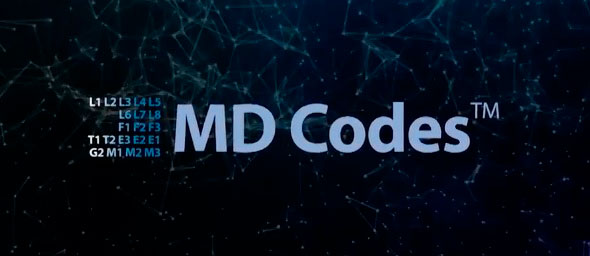 logotipo do md codes em azul claro com fundo azul marinho